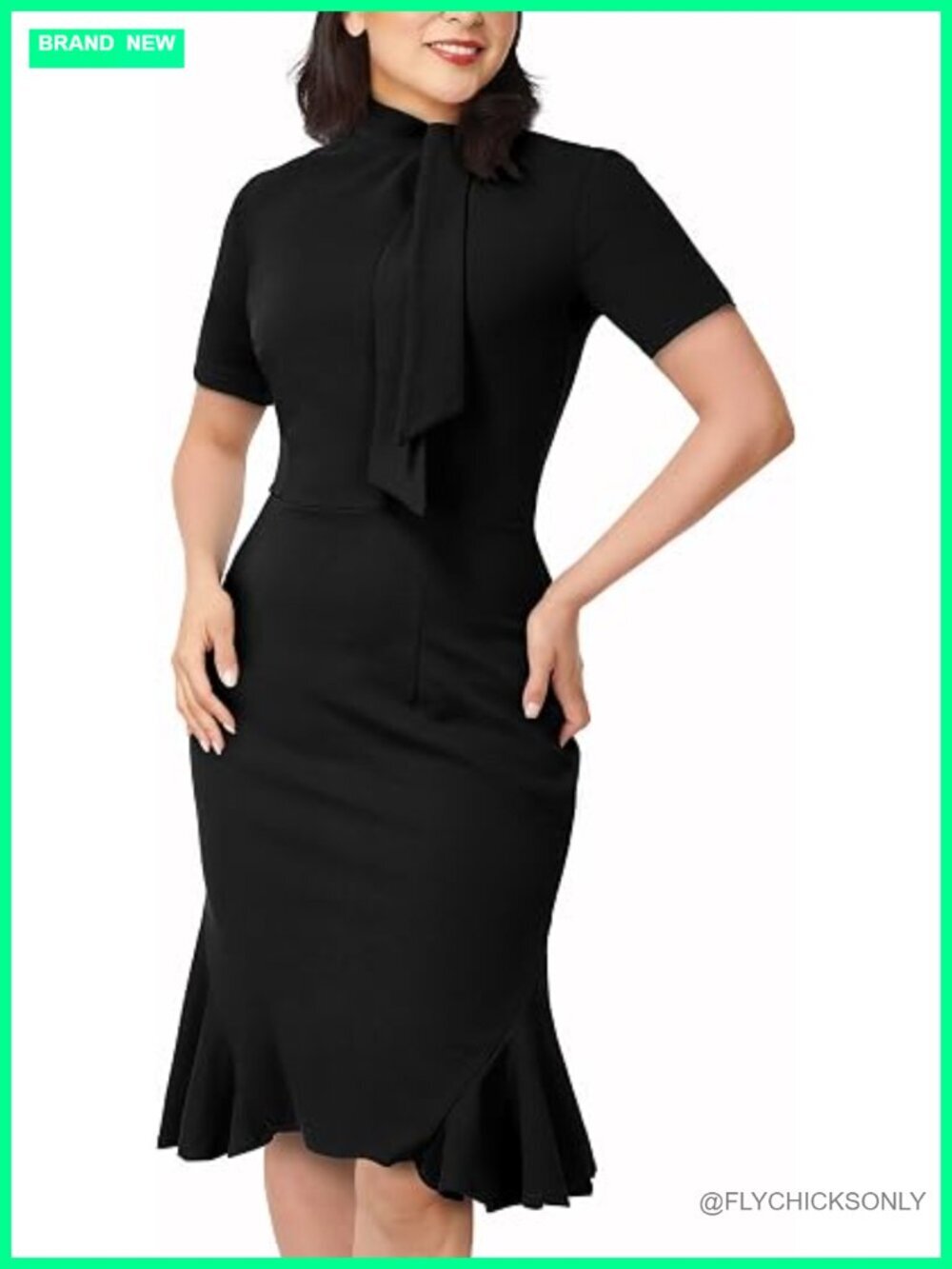 Vintage Tie Neck Cocktail Bodycon Pencil Dress with Fishtail Hem